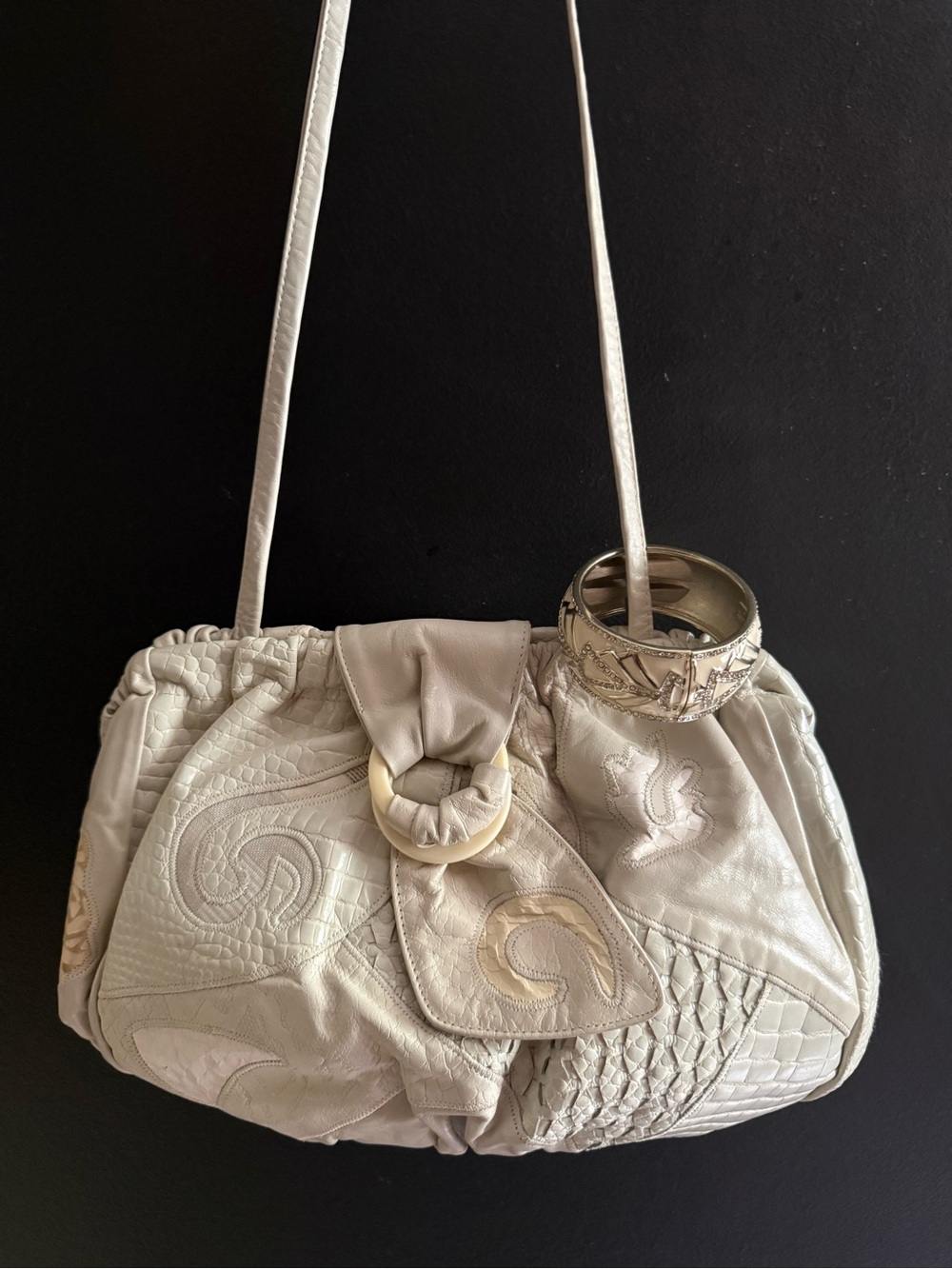 SHARIF Leather Cream Ivory Quilted Patchwork 1980 Shoulder Bag Quiet Luxury VTG - Picture 9 of 15